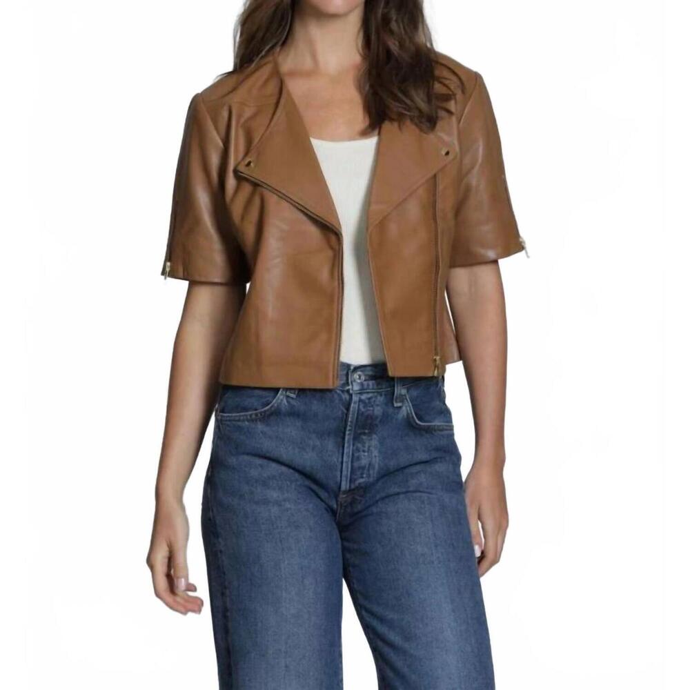 NEW 11 UPTOWN collarless short sleeve leather moto jacket in mocha